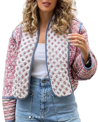 Chaqueta acolchada corta con estampado floral para mujer, chaqueta acolchada con abertura frontal, chaqueta corta ligera de moda, rosa, L