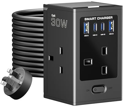 LIPWEL Extension Lead with USB Slots Surge Protected, 4 Way Outlets 3250W Overload Protection, 5m Extension Cord Multi Plug Power Strip,2 USB-A 2 USB-C Ports GaN 30W Fast Charging for Office Home