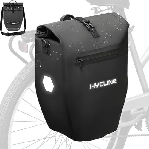 Hycline Fahrradtasche wasserdichte Gepäckträgertasche 28L - 3in1 Fahrrad Tasche Hinten Gepäckträger, mit Tragegriff, Schultergurt und Reflektoren, einfache Befestigung für Pendler, Reisen | Schnellverschluss-Systemgriff, Crossbody-Schultergurt, reflektierend, Radfahren, Pendeln, Touren, Einkaufen