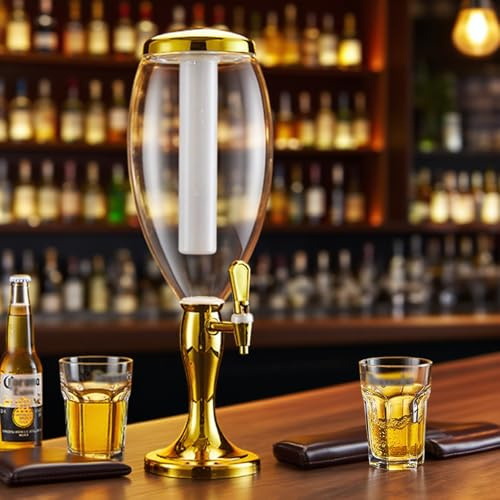 UrbanUp Dispensador de Cerveza Dispensador de Cerveza Tipo Torre, Artículos para Bar de Mimosa, Enfriador de Bebidas Luminoso, Dispensador de Bebidas con Cilindro de Hielo y Grifo(Gold,2L)