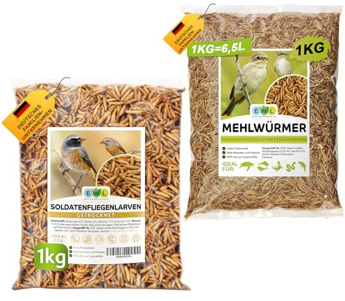 EWL Naturprodukte Mehlwürmer 1kg & Soldatenfliegelarven 1kg getrocknet, Set 2kg für Wildvögel, Fische, Schildkröten, Nager, Reptilien, Igelfutter