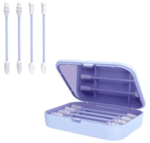 KIRZAX 4 Pezzi Cotton Fioc Riutilizzabile,Tamponi di Cotone in Silicone Stick,Spirale a Doppia Estremità,con Specchio,Tamponi in Silicone Ecologico,per Pulizia Orecchio Tampone(Blu)
