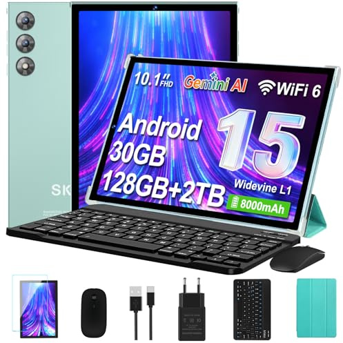 SKYEGG Tablet 10 Pulgadas Android 15 con Gemini AI, 30GB RAM + 128GB ROM Ampliable 2TB, Octa-Core, WiFi 6, Widevine L1, Batería 8000mAh, Cámara 8/5 MP, Teclado, Ratón y Funda, Cuerpo Metálico - Verde