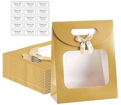 ChAusa 15 Stück Geschenktüte mit Fenster, 16 * 12 * 6cm Geschenktüten Klein, mit Griffen Gold Papiertüten für Fenster Geeignet zum Verpacken Süßigkeiten Pralinen Keksen Geschenken