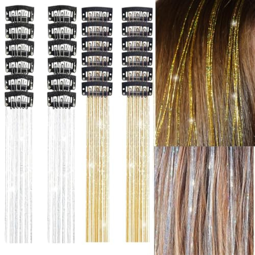 24 Stück Hair Tinsel Glitzer Haarsträhnen Clip Gold Silber 50cm | Lametta zum Einklipsen, Glänzend, Für Party Festival Alltag