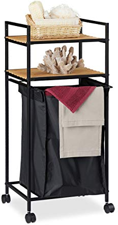 Relaxdays Carrito Baño con 2 Estantes, Estantería, Cesta Ropa Sucia, Metal-Bambú, 1 Ud., 89,5x39x32,5 cm, Negro-Marrón