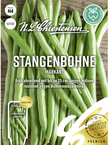 N.L.Chrestensen Stangenbohne Markant, früh abreifend mit bis zu 25 cm langen Hülsen, Samen - Fertilizer für Kürbis- und Bohnenpflanzen - Saatgut