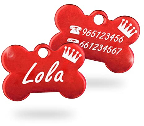Ibera Gifts Namensschild für Hunde und Katzen, personalisierbar, personalisierbar, aus glänzendem Aluminium, Motiv Knochen mit Krone, Rot