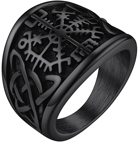 FaithHeart Viking Style Fingerring Schwarz Vegvisir Fingerring Retro Siegelring Kompass Ring mit Keltischer Knot Herren Männer Fingerring für Weihnachten Geburtstag