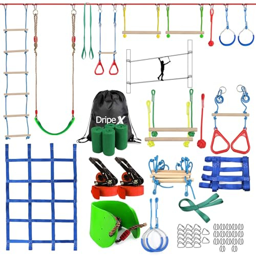 Dripex Percorso ad Ostacoli Ninja per Bambini- 20m×2 Ninja Slackline e 10 Ostacoli Durevoli - Percorso di Allenamento all'aperto in Cortile con Altalena, rete e Scala per Arrampicata, Ginnastica