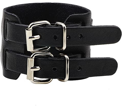 Thajaling Bracciale da polso in pelle bovina, doppia fibbia in pelle larga, alla moda, vintage regolabile per donna e uomo (Nero)