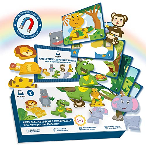HELDENGUT® magnetisches Holzpuzzle ab 1 Jahr für Babys - Magnetpuzzle mit extra robusten Holztiere - Pädagogisches Montessori Spielzeug 1 Jahr Mädchen & Junge