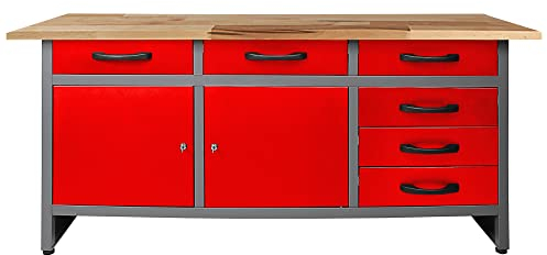 Ondis24 Werkbank Karsten rot Werktisch Packtisch 6 Schubladen Werkstatteinrichtung 160 x 60 x 85 (H) cm Buchenholzarbeitsplatte, Metall bis 510kg belastbar