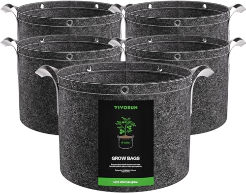 VIVOSUN Pflanzsack 5er-Pack 60 L, Pflanzsack aus Vliesstoff mit 500 g/m² Stärke, mit Tragegriffen und Mehrzweckringen, ideal für LST, Obst, Gemüse und Blumen