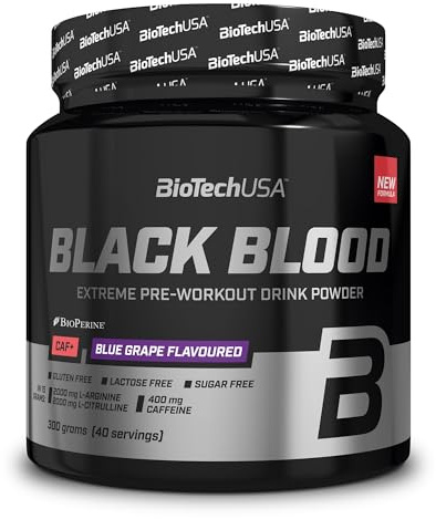 BioTechUSA Black Blood CAF+ | Pré-entraînement en poudre à la caféine | L-citrulline, arginine & bêta-alanine | Magnésium & B6 pour réduire la fatigue | Sans sucres | 300 g, Raisin noir