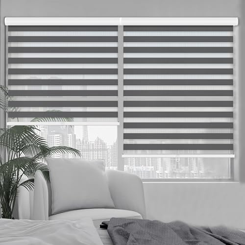 Kokorona Zebra Blinds Roller Shades Cordless Window Blinds with Valance Cover, Day and Night Sheer Shades Dual Layer Fabric for Light Control Light Filtering Privacy, Dark Grey, 25 W X 72 H