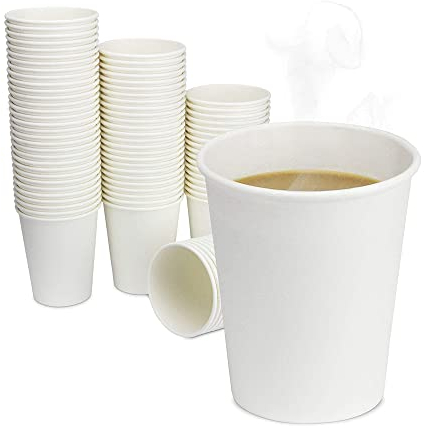 ABD Vasos Desechables Café -100% Biodegradables, Reciclables - Vasos Cartón para Café, Agua, Apto Bebidas Calientes y Frias, Color Blanco, Vasos Papel para Fiesta (100 Vasos - 100 Paletinas, 200ml)