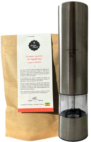 Secret Sacré – Macinino per nigella e spezie in ceramica di alta qualità con macinino regolabile + 100 g semi di nigella Origine Etiopia