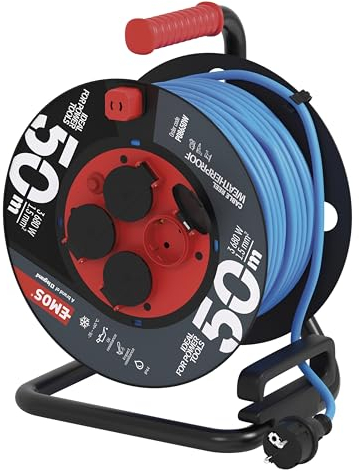 EMOS ganzjährige Outdoor-Kabeltrommel 50m, blaues 1,5 mm2 Verlängerungskabel, 4 Schuko Steckdosen mit Klappdeckeln, IP44 wasserdicht und frostbeständig für Außenbereich, Industrie, Baustelle