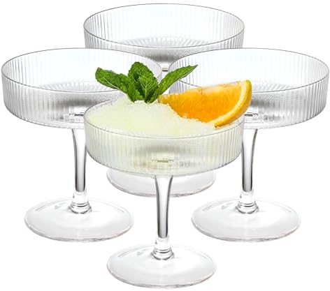 Khen Ribbed Vintage Art Deco Coupe Glasses - Martini, Champagne & Cocktail Ribbed Glasses 8oz | Cute Crystal Glassware Sets - Goblet Stemmed Ripple Glassware, Housewarming Glass Gifts, Clear, 4 Pieces