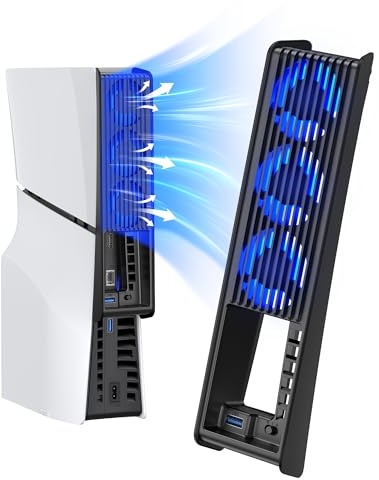 Fläkt för PS5 Slim, PS5 Slim-fläkt med automatisk hastighetsinställning, tystare kylningstillbehör med LED-ljus och USB3.0-hubbar, för PS5 Slim Disc och Digital Edition (Svart)
