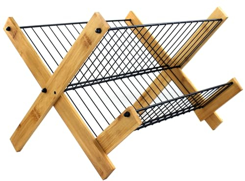 FUREINSTORE Escurreplatos Plegable,Porta Platos Escurridor Doble Capa de Bambú y Hierro, Diseño Moderno, Estante Soporta Peso, Ideal para Hogar (Marrón Negro)
