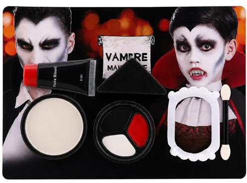 Kunstblut Fake Blood Halloween schminke SFX Makeup Kit, Halloween Schwarz Weiß Rot Gesicht Körperfarbe + Kunstblut + Vampirgebiss für Karneval, Halloween, Bühne, Verkleidung, Cosplay, Theater