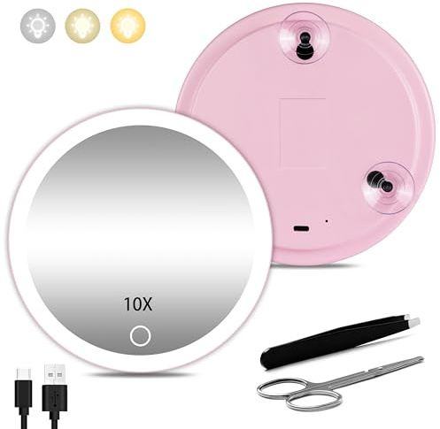 JJhxr 10X Vergrößerungsspiegel mit Lichtern, Reise Make-up Spiegel mit 3 Farben einstellbare Helligkeit Licht, 15.24 cm Make-up Vergrößerungsspiegel mit Licht mit Saugnäpfen