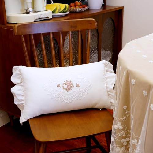 vctops Boho White Cotton Pillow Covers 12x20 Inch Lace Embroidery Ruffle Pillow Covers Vintage Lumbar Couch Cushion Case for Wedding Chair Sofa Living Room (SRH White,12x20)