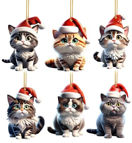 6 Stück Weihnachtsbaum Anhänger 2D Katzen Dekorative Ornamente Weihnachtskatze Deko Acryl KatzenAnhänger Auto Anhänger Weihnachten Ornamente Weihnachtsanhänger Weihnachtsschmuck Set