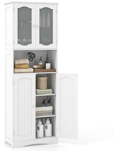 COSTWAY Meuble de Salle de Bain à 4 Portes et 1 Grand Compartiment Ouverte, Armoire Haute avec Porte en Verre Dépoli, Colonne Salle de Bain, pour Salon, Cuisine, 30 x 60 x 164 cm, Blanc