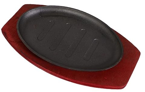 PRETYZOOM Sartén para Bistec 20 Cm Placa de Parrilla Antiadherente Hierro Metal Conductividad Térmica Rápida Uso Familiar Exterior Barbacoa Bandeja de Madera Segura