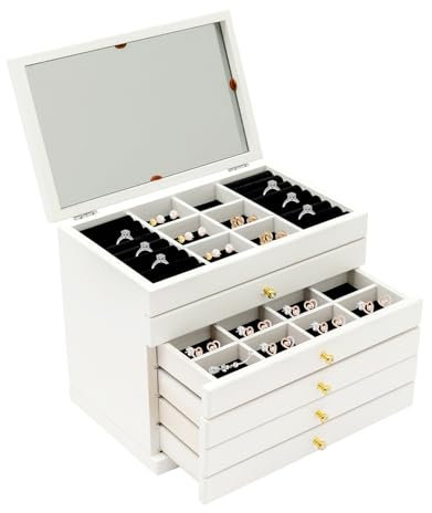 Portagioie a 6 livelli, grande portagioie con cassetti, maniglie, specchio e coperchio, organizer da donna, per anelli e orecchini, bianco, 30 x 19 x 25 cm