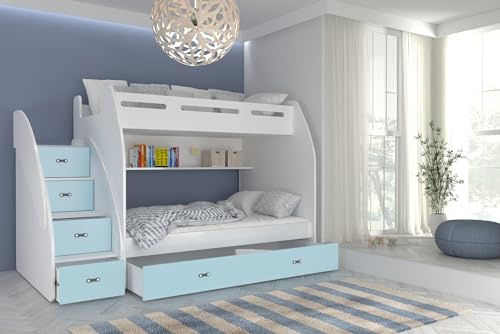 AJKmeble Hochbett Etagenbett 90x200 / 120x200cm mit Treppe und Ausziehbett ( wählbar in Farben weiß, blau, grün, rosa oder grau für Jungen und Mädchen, Jugendbett ) Treppe beidseitig montierbar (Blau)