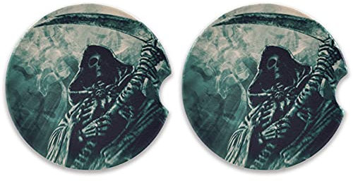 Grim Reaper - Posavasos de esqueleto de Halloween para portavasos y bebidas, 2 posavasos de cerámica absorbentes con base de corcho para portavasos universales de coche