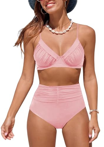 NLAND Tvådelad baddräkt dam hög midja V-ringad sexig bikini set elegant push up set vintage halter tröjor badkläder, rosa, XL