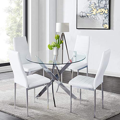GOLDFAN Ensemble Tables de Salle à Manger et 4 Chaise, Ronde Table à Manger en Verre et Chaises 4 Moderne Design pour 4~6 Personnes en Cuisine, Blanche (Rond, 80 cm)
