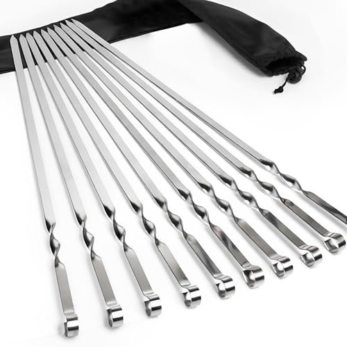 GXFCING 10 Piezas Brochetas Barbacoa Planas de Acero Inoxidable, 55 cm Brochetas Extralargas, Pinchos para Barbacoa Reutilizables, Brochetas de Metal