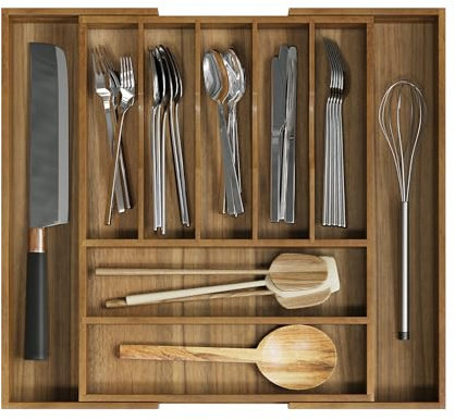 Smuxee Acacia Wood Kitchen Silverware Drawer Organizer, 9 Compartment Utensil Holder, Kitchen Drawer Divider for Silverware and Kitchenware
