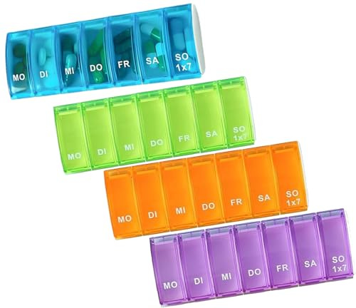 Alriedy Pillerbox 7 dagar – 4 stycken transparent tablettlåda för mediciner och vitaminer | kompakt medicinlåda med 7 fack | lätt att öppna och BPA-fri