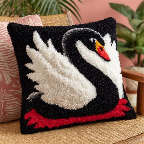 Ansiweigo - Kit de cojín para atar al ganchillo, diseño impreso 43 x 43 cm, alfombra DIY fácil para principiantes y niños, decoración del hogar original y colorido, cisne negro
