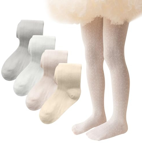 AOOPOO Confezione da 4 Collant In Cotone per Bambine, Leggings Morbidi per Bambine con Collant Traforati Lavorati a Maglia Acquard, Calzini Leggings Estivi Princess, età da 0 mesi a 9 anni