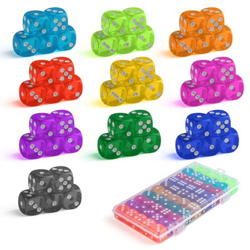 Casino Dice Set 50Pcs, 14mm Six-Sided Dice Games D6 Dice Set 10 Transparent Colors Perudo Dice Game No Harmful Materials for Math Teaching DIY Crafts Birthday Party Bar Stacking Board Games