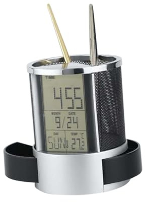 WEKAMOS Multifunction Digital Pen Holder with Clock and Calendar Steel Wire Mesh Organizer with Temperature and Countdown Display Storage for Pens and Small Items Suitable for Home and