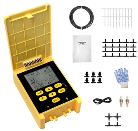 Kit de riego por goteo de doble bomba con energía solar, bloqueo de riego automático de bloqueo de bloqueo 2 con detección de lluvia para la pantalla digital para el patio de (para 20 plantas de