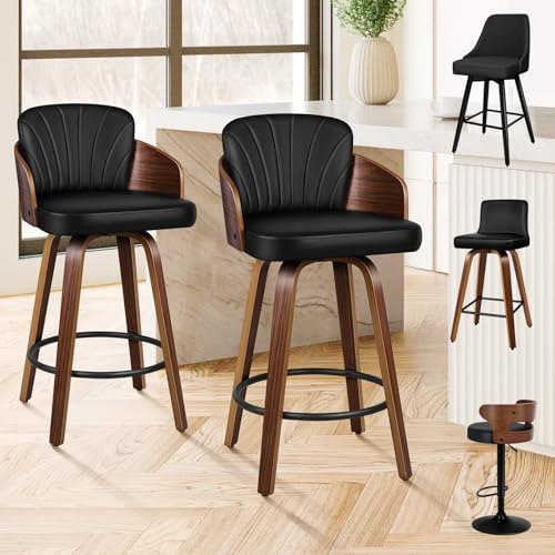 ALFORDSON Bar Stools Set of 2, 66CM Counter Height PU Leather Upholstered Swivel Barstools with Cushion Backrest and Armrests, Wood legs Kitchen Chair for Kitchen Island, Dining Room, Pub, Cafe, Black