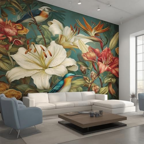 Floral Bird Wallpaper - Birds and Flowers Wall Mural 350x256 cm (W x H), Non-Woven Photo Wallpaper Mural for Bedroom, Living Room, Hallway, Home Decor Y&W13