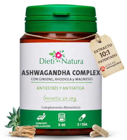 Ashwagandha KSM-66® Complex – Magnesio, Ginseng, Rhodiola y Eleuterococo – Adaptógeno para Estrés, Cortisol, Energía y Concentración – 60 Cápsulas Veganas