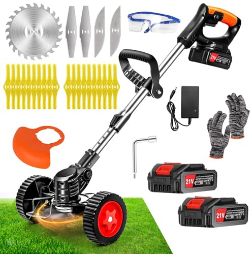 Debroussailleuse Electrique sans Fil 21V, Coupe Bordure sans Fil avec Batterie et 4 Types de Lames, Débroussailleuses Electrique Batterie pour la Coupe de Jardin, Pelouses et Terres Agricoles