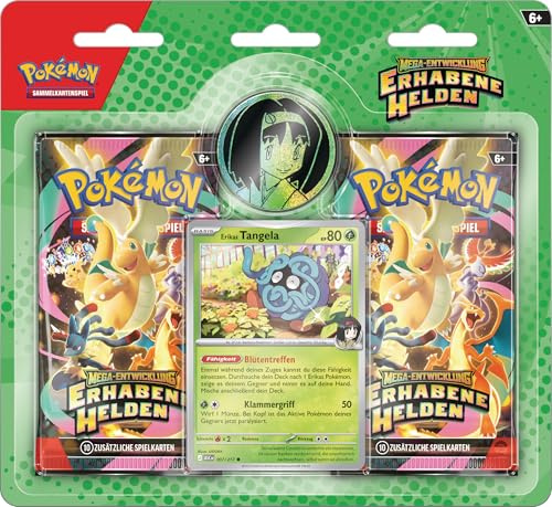 Pokémon - Juego de Cartas coleccionables: Colección Mega Desarrollo – Héroes sublimes: Erika (1 Carta Promocional holográfica, 1 Moneda y 2 Paquetes de Refuerzo)